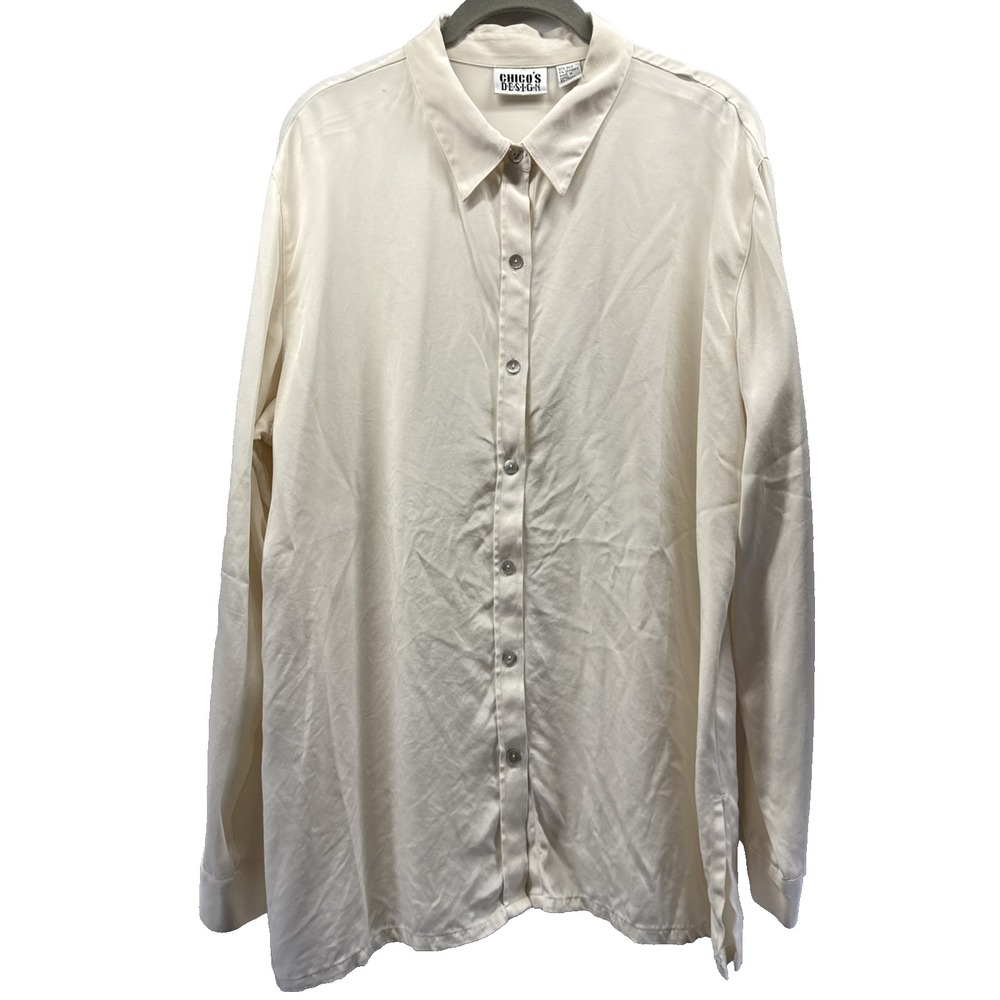 Chicos Design Women's Silk Blouses Sz XL Solid Ivory Button Up Long Sleeve Slits